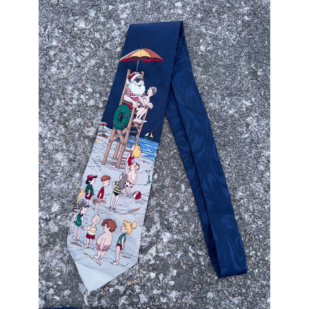 Oh Oh Oh Lifeguard Santa Beach Christmas Silk Tie Navy Blue Novelty Holiday Mens
